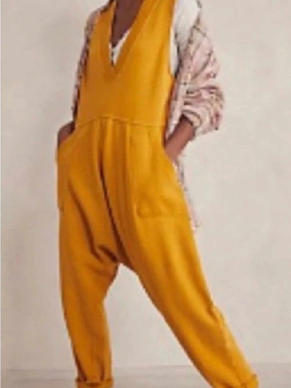 Free People Mustard V-Neck Relaxed Jumpsuit